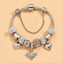 Takantakana Pandora Tarz Gümüş Charm Bileklik Crystal Şans Arı Kalp Charmlı Aşk
