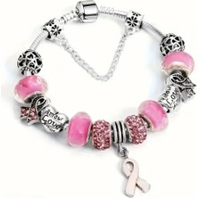 Takantakana Pandora Tarz Gümüş Charm Bileklik Pembe Love Amor Crystal Aşk Kalp