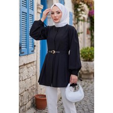 Hafsa Mina Kolu Bağlamalı Kemerli Tunik Siyah HM2920