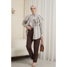 Moda Morfo Pelerin Detaylı Düğmeli Oval Kesim Poplin Tunik -Taş