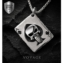 Voyage Accessory Paslanmaz Çelik Maça As Kurukafa Poker Kart Erkek Kolye - 55 cm + 60 cm Hediye Zincir