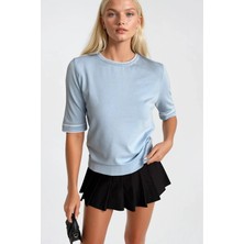 Asfaha Fashion Kadın Siyah Biye Detaylı Yarım Kollu Bisiklet Yaka Triko Bluz