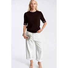 Asfaha Fashion Kadın Siyah Biye Detaylı Yarım Kollu Bisiklet Yaka Triko Bluz