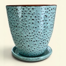 AdenArt Toprak Seramik Saksı Dekoratif Mavi-Kahverengi Desenli Çift Sırlı Altlıklı 30*30 cm