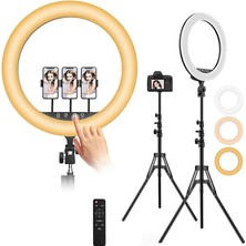 AyrStore Youtuber Selfie LED Işıklı Hq-18 Halka 18 Inch Selfie/yayıncı/makyaj Işığı 210 cm 3 Telefon Tutuculu Kumandalı 3 Farklı Ayarlanabilir Işık Çift USB Girişli