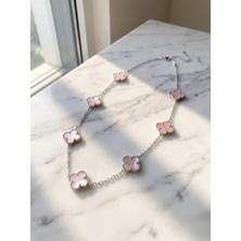 Meneva Aksesuar Pembe Mineli 7’li Yonca Gümüş Silver Renk Zincirli Paslanmaz Çelik Kolye