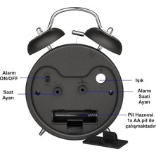 AyrStore Sessiz Akar Saniyeli 16CM Alarm Masa Çalar Saat Yüksek Zil Sesi Büyük Boy Siyah