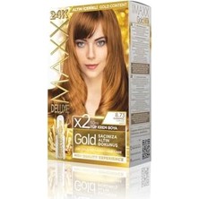AyrStore Maxx Deluxe Serisi 24K Altın Parçacıklı Serum ile 1 Kutu 2 x 50 ml ve Geliştiriciler Saç Boyası (Karamel 8.73)