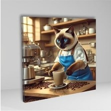 AyrStore Kare Kanvas Kahve Köşesi Cafe Tablosu Barista Siyam Kedisi, 70 x 70