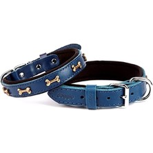 Doggie Konforlu Gerçek Deriden El Yapımı Kemik Süslü Köpek Boyun Tasması, 2X30-35 Cm, Lacivert