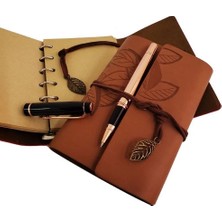 Renas Store Özel Ahşap Kutulu Taba Deri Defter Bakır Roller Kalem Set
