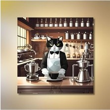 AyrStore Kare Kanvas Kahve Köşesi Cafe Tablosu Barista Smokin Kedi, 70 x 70