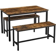 AyrStore Yemek Masası, 2 Banklı, 3'lü Set, Mutfak Masası 70 x 110 x 75 Cm, Her Biri 2 Bank 30 x 97 x 50 Cm, Çelik Çerçeve, Endüstriyel Tasarım, Kahverengi-Siyah KDT070B01
