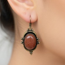 Fildişi Aksesuar Vintage Tasarım Bronz Çerçeveli Yıldız Taşı Goldstone Kadın Küpe