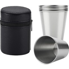 4'lü Paslanmaz Çelik Shot Kahve Kamp Bardağı Seti 70 ml Deri Kılıflı Mini Bardak Seti