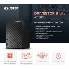 Asustor Drivestor 2 Lite AS1102TL, 2 Bay Nas Kasa Ağ Belleği, 1.7ghz Quad Core, 1gbe Port, 1gb Ram Ddr4, Bulut Bellek Için Ağ Bağlantılı Depolama (Disklesiz)