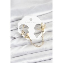 Onba Kelebekli Model Pirinç Gold Renk Zincir Bağlantılı Ear Cuff Küpe Seti 5886 - OB5906-1712