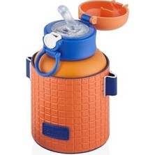 680ML Moda Çizgili Deri Kılıf Pipetli Askılı Kilitlenebilir Kapak Çelik Termos Matara (Turuncu)