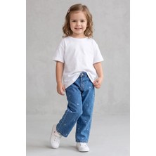 Dmb Boys & Girls Kız  Çocuk Kalp Nakışlı Denim Kot Pantolon Mavi 2-7 Yaş