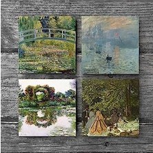 Gül Çiçekli Kemer, Kırda Öğle Yemeği, Izlenim Gün Doğumu, Gölü Taş Bardak Altlığı Seti - 4 Parça - Dekoratif, Rustik Mutfak Aksesuarı, 10X10 Cm, Kaydırmaz Tabanlı SC530