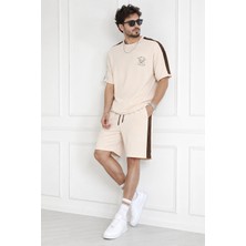 Wisipi Erkek Bej Iki Iplik Oversize Beverly Hills Baskılı Şort T-Shirt Takım