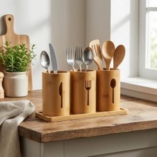 3'lü Doğal Bambu Kaşıklık Seti - Ahşap Standlı Tezgah Üstü Çatal Kaşık Bıçak Düzenleyici Şık Mutfak Organizeri (Stand: 33X13X2 Cm/kaşıklık: 10X12 Cm)