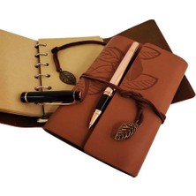 Renas Store Ahşap Kutulu Taba Renk Deri Defter Kalem Set