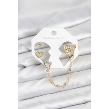 Onba Pirinç Gold Renk Kalp Model Zincir Bağlantılı Ear Cuff Küpe Seti 5886 - OB1359-3524