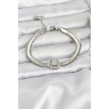 Onba 316L Çelik Gümüş Renk Baget Zirkon Taşlı Yılan Zincirli Kadın Bileklik 5886 - OB6650-1500