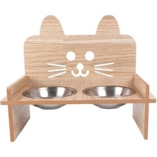 Die Grup Ahşap Kedi Mama ve Su Kabı ile Paspası - Çift Metal Hazneli