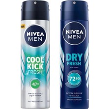 Men Erkek Sprey Deodorant Kick Fresh, 150 Ml, Ter ve Ter Kokusuna Karşı 48 Saat Anti-Perspirant Koruma X2 + Men Erkek Sprey Deodorant Dry Fresh 72 Saat Koruma, Ekstra Kuruluk, 150 ml