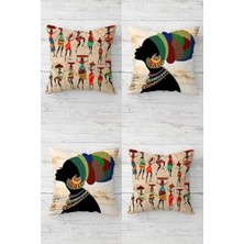 Omrs Store Pelangi Afrikalı Kadın Desenli Etnik Gizli Fermuarlı Kırlent Kılıfı Koltuk Yastık Kılıfı TAKIM(4ADET), Bej-Renkli 43 x 43