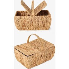 Omrs Store El Yapımı Su Sümbülü Kapaklı Büyük Boy Hasır Örme Piknik Sepeti Dikdörtgen - 46X30CM - 20-36CM