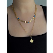 Owentis Çelik Gold Çift Sıra Ataç ve Balık Kılçığı Model Nazarlı Wallis Kolye -Kararma Yapmaz-
