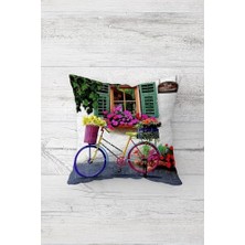 Omrs Store Pelangi Çiçekli Bisikletli Çift Tarafı Baskılı Gizli Fermuarlı Yastık Kılıfı Kırlent Koltuk Yastık Kılıfı, Yeşil-Beyaz 45 x 45