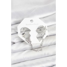 Onba Pirinç Gümüş Renk Kelebek Model Zincir Bağlantılı Ear Cuff Küpe Seti 5886 - OB2758-6496