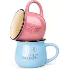 Omrs Store 2'li Görünümlü Renkli Porselen Kupa Seti Good Morning Yazılı 250 Ml,pembe & Mavi