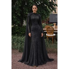 Olcay Pelerin Detaylı Taş ve Pul Bezeli Exclusive Tesettür Abiye Elbise SİYAH 1081