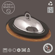 Tech Butiq Lava, Oval Servis Tepsisi, Dökme Demirden, Kapaklı ve Ahşap Kaplamalı, 32 x 23 cm