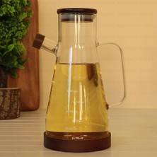 Tech Butiq Borosilikat Cam Yağdanlık, Sürahi Sosluk Ahşap Kapaklı ve Altlıklı, 900 Ml, 23X4 cm