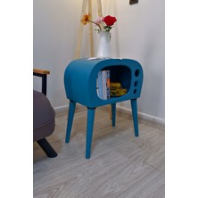 HunCar Vintage Tv Görünümlü Ahşap Yan Sehpa El Işçiliği Turquoise