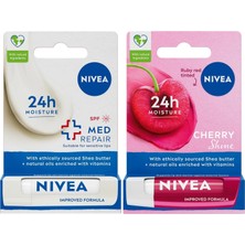 Tech Butiq Kiraz Dudak Bakım Kremi, 24 Saat Nem, Dudak Bakımı, Kiraz Kokusu, Hafif Kırmızı Işıltı (4,8gr) + Med Repair Dudak Bakım Kremi, 24 Saat Nem,doğal Yağlar ile Dudak Bakım,spf 15 (4,8 Ml)