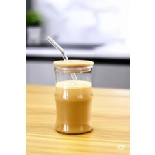 Tech Butiq Bambu Kapaklı Cam Pipetli 330 ml Borosilikat Bardak