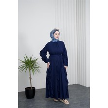 Neşeli Butik Kadın Lacivert Fırfırlı Kuşak Detaylı Yazlık Premium Tesettür Elbise --- NBVQ3150