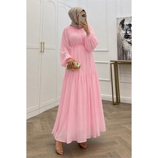 Neşeli Butik Kadın Pembe Balon Kol Astarlı Kuşak Detaylı Şifon Tesettür Elbise ---- NMS095