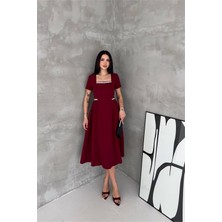 Neşeli Butik Kadın Bordo Kare Yaka Taş Detaylı Etek Drapeli Midi Boy Elbise ---- NBK4621