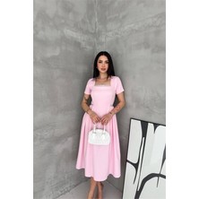 Neşeli Butik Kadın Pembe Kare Yaka Taş Detaylı Etek Drapeli Midi Boy Elbise ---- NBK4621