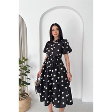 Neşeli Butik Kadın Siyah Gömlek Yaka Balon Kol Çiçek Baskılı Yazlık Midi Elbise -----NBK4617