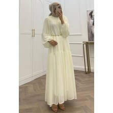 Neşeli Butik Kadın Beyaz Balon Kol Astarlı Kuşak Detaylı Şifon Tesettür Elbise ---- NMS095