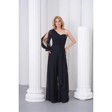 Neşeli Butik Kadın Siyah Tek Kol Astarlı Tül Kumaş Tasarım Abiye Tulum NBS9389